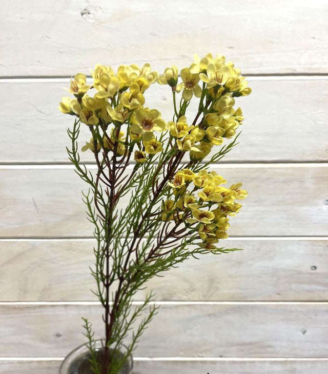 Bright yellow artificial watt flower spray for home decor, wedding centerpieces, or thoughtful gifts, resembling real blossoms.