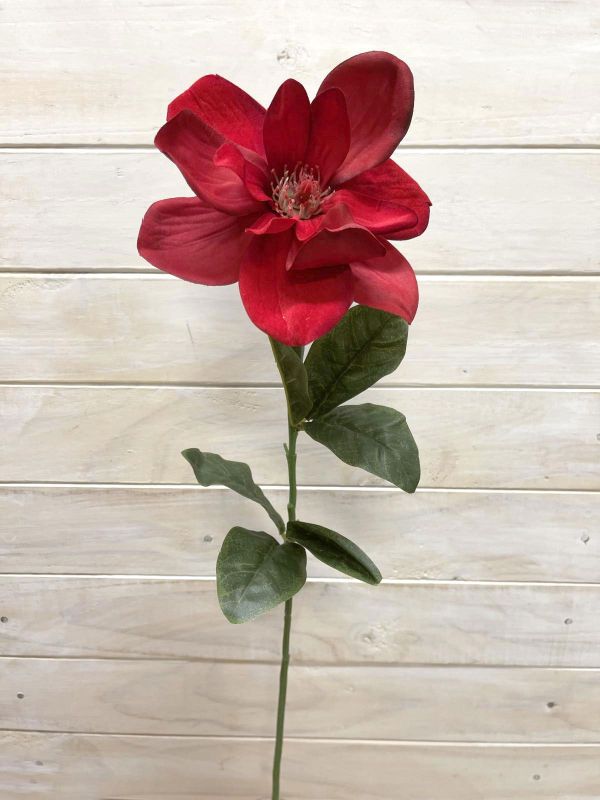 Lifelike red artificial magnolia stem, perfect for floral arrangements and enhancing home decor with vibrant color.
