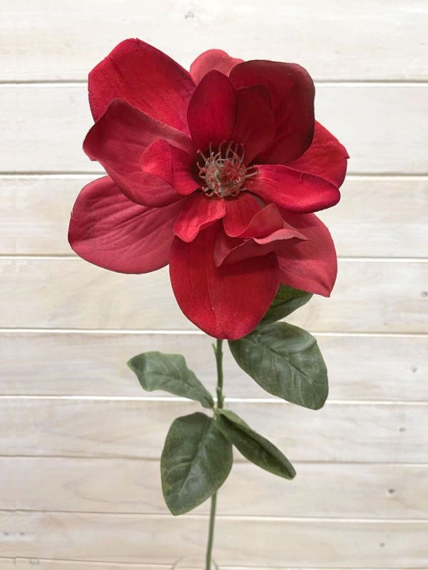 Vibrant red artificial magnolia stem, perfect for floral arrangements or elegant centerpieces in any decor style.