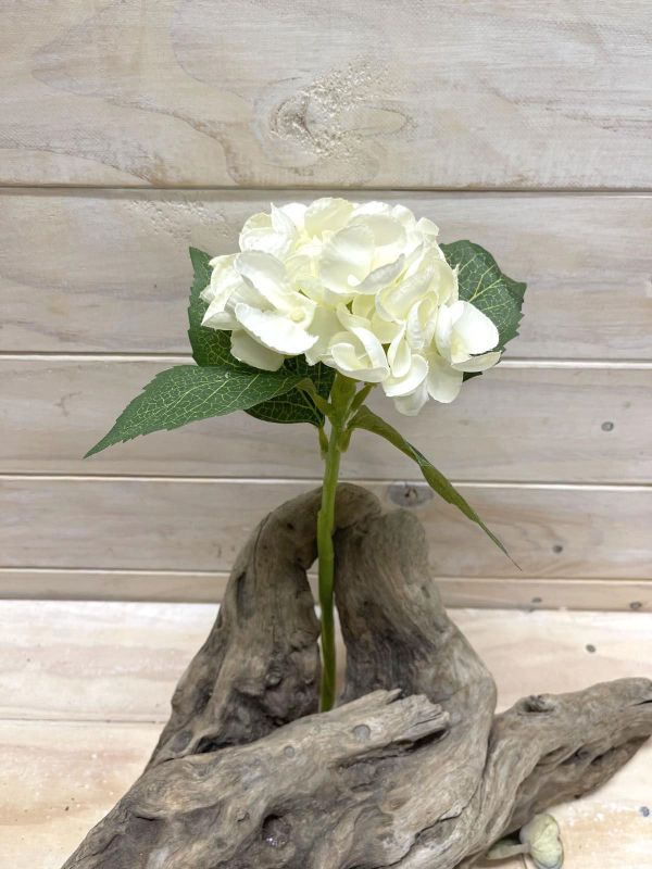 White artificial hydrangea cut stem, perfect for elegant floral arrangements without maintenance.