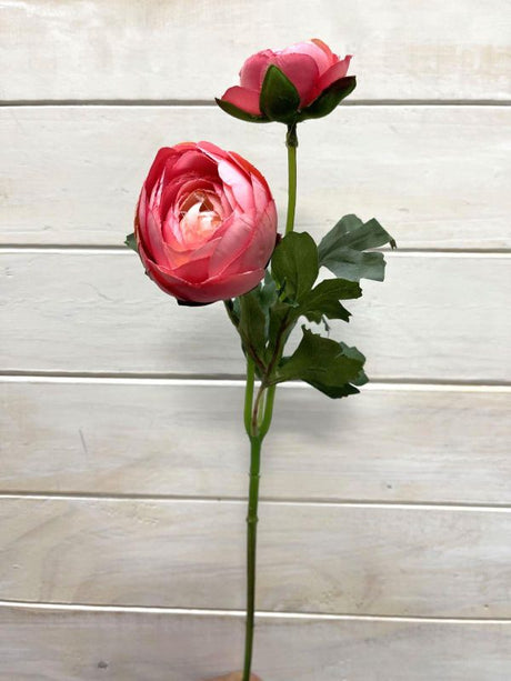 Artificial salmon ranunculus stem with a blooming flower and a budding flower, perfect for elegant floral arrangements.