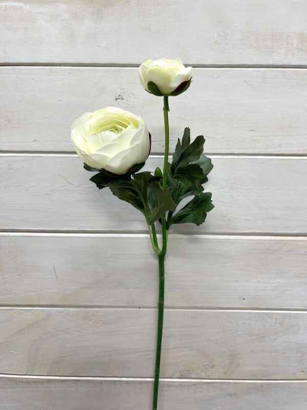 Lifelike white artificial ranunculus stem with a delicate bud, perfect for elegant, low-maintenance decor.