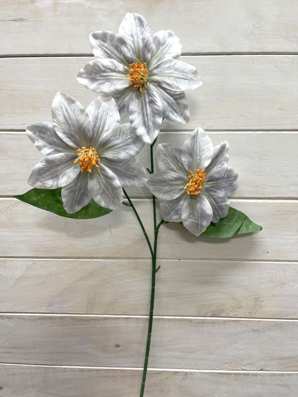Elegant grey artificial flower spray with three lifelike blooms, perfect for home decor and effortless styling.