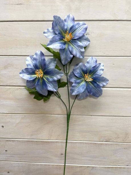 Light blue artificial flower spray with three blooms, perfect for elegant home decor and low-maintenance arrangements.