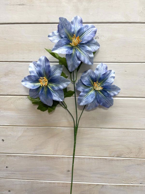 Light blue artificial flower spray with three blooms, perfect for elegant home decor and low-maintenance arrangements.