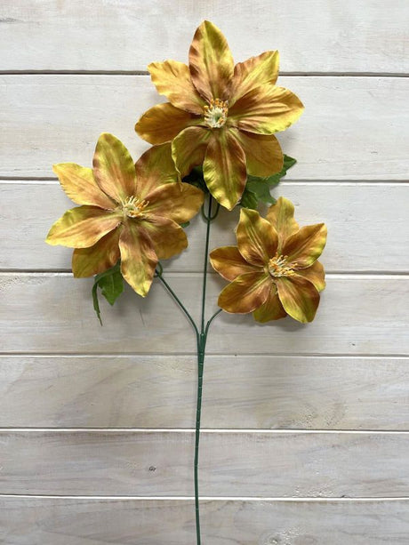 Artificial flower spray with three yellow-brown blooms, ideal for enhancing decor in any space without maintenance.