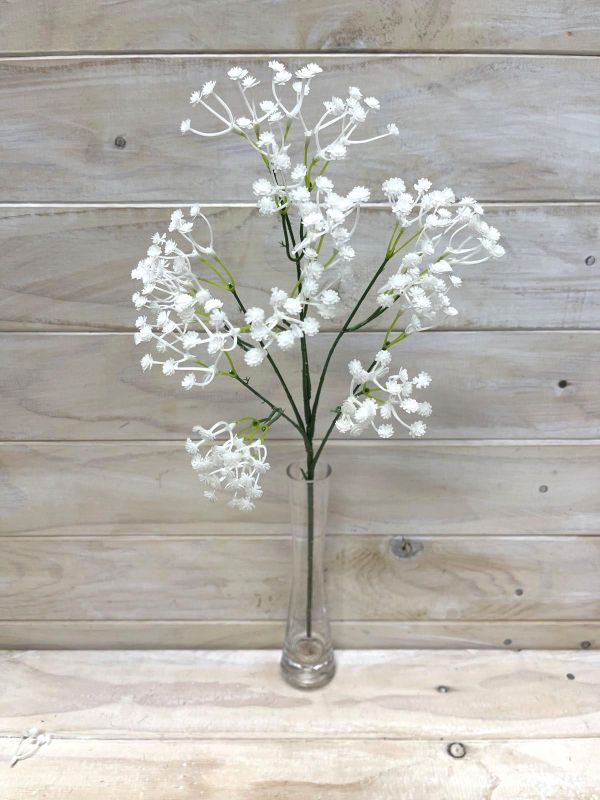 Elegant white artificial baby breath spray, ideal for home decor, weddings, and special events—no maintenance needed.