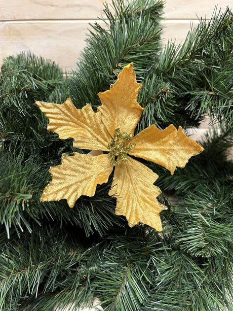 Gold artificial star poinsettia head with intricate details, perfect for elegant holiday or year-round floral decor.