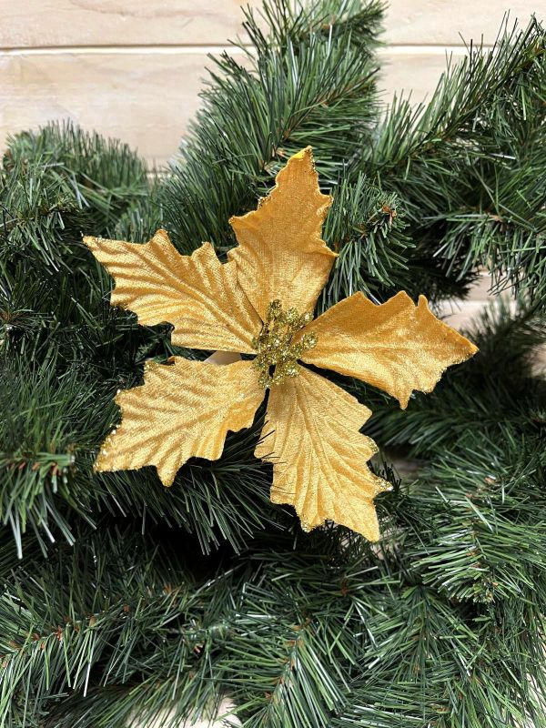 Gold artificial star poinsettia head with intricate details, perfect for elegant holiday or year-round floral decor.