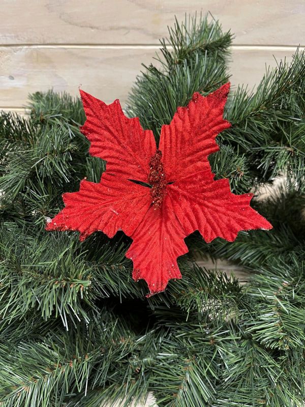 Vibrant red artificial poinsettia head, perfect for festive décor and long-lasting holiday arrangements.