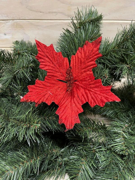 Vibrant red artificial poinsettia head, perfect for festive décor and long-lasting holiday arrangements.
