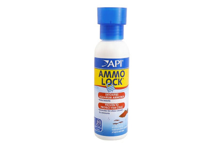 API Ammo Lock 118mL bottle, an ammonia detoxifier for aquariums, protects fish and removes chlorine and chloramines.