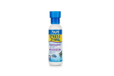 API Stress Zyme 118mL bottle, a liquid aquarium treatment to reduce ammonia and nitrite for healthier fish and clearer water.