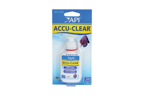 API Accu-Clear 37mL water clarifier effectively clears cloudy aquarium water by eliminating suspended particles.