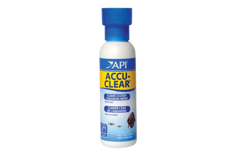 API Accu-Clear 118mL water clarifier eliminates haze, enhancing aquarium clarity and health for vibrant aquatic life.