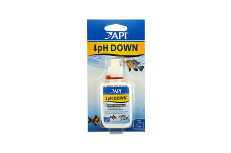 API pH Down 37mL, a fast-acting pH adjuster for aquariums, quickly lowers pH and ensures clear, algae-free water.