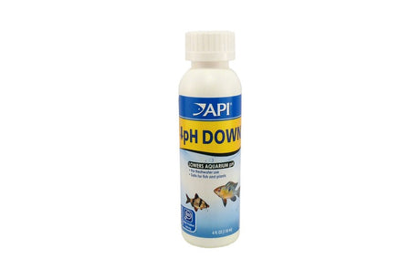 API pH Down 118mL bottle, a fast-acting solution to lower pH in aquariums without altering water clarity.