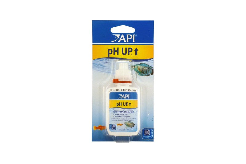 API pH Up 37mL bottle for raising aquarium water pH, colorless, fast-acting, and safe for maintaining aquatic life.