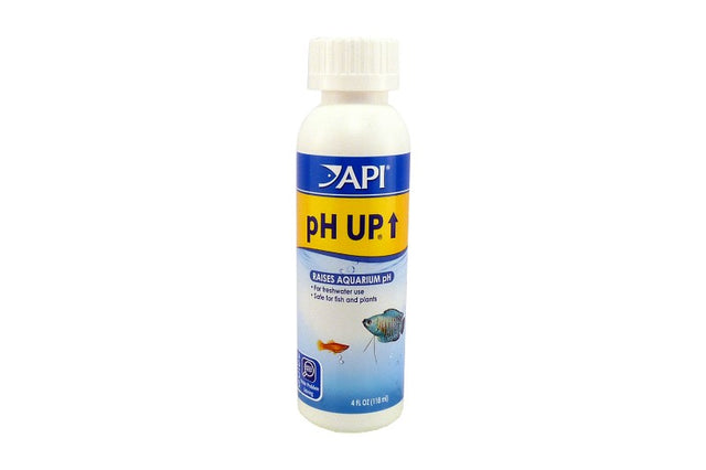 Clear bottle of API pH Up 118mL designed to raise aquarium pH levels safely without harming water clarity or promoting algae.