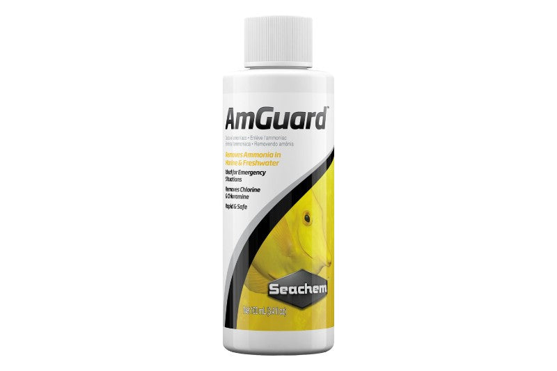 Seachem Amguard 100mL for quickly eliminating toxic ammonia in aquariums, safe during cycling, without altering pH.