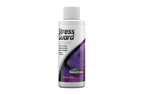 Seachem StressGuard 100mL helps reduce fish stress and supports healing in freshwater and saltwater environments.