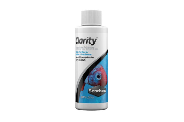 Seachem Clarity 100mL bottle, a powerful aquarium clarifier for clear water in freshwater and saltwater tanks.