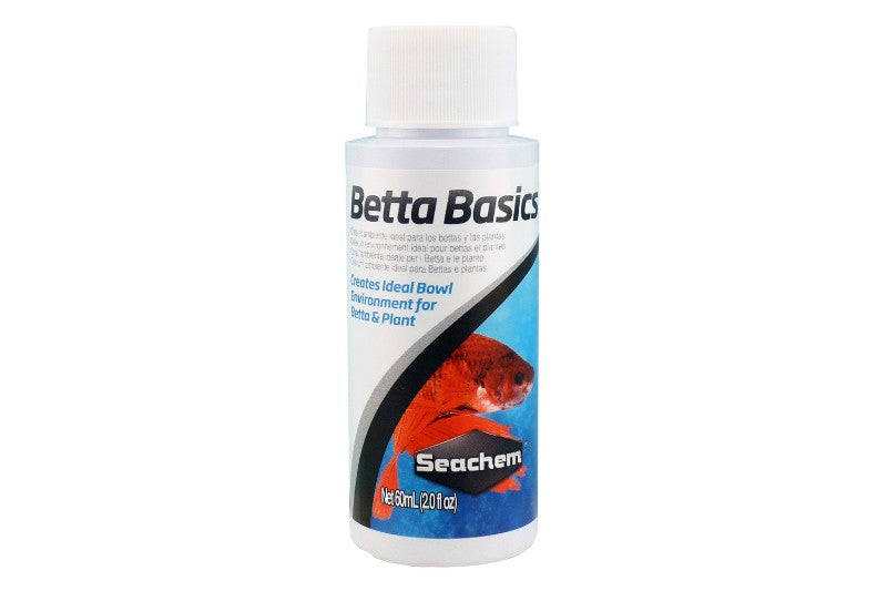 Seachem Betta Basics 60ml water conditioner ensures a safe pH 7.0 habitat for bettas, removing harmful chemicals effectively.