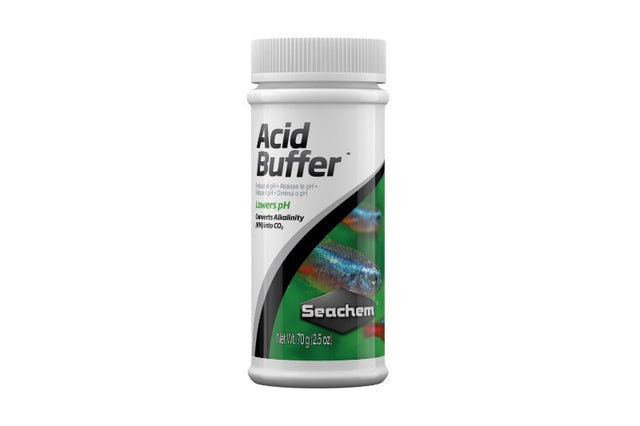 A 70g container of Seachem Acid Buffer, designed to stabilize and lower pH levels in freshwater and marine aquariums.