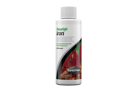 Seachem Flourish Iron 100mL bottle for vibrant aquatic plant growth and nutrient enhancement in freshwater tanks.