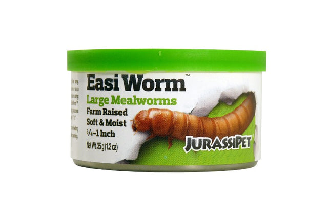 Premium farm-raised mealworms in moisture-retaining packaging for reptiles and amphibians, mimicking live prey texture.