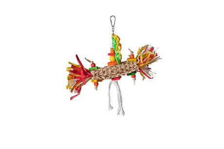 Colorful burrito-shaped bird toy made with non-toxic materials for engaging play and mental enrichment.