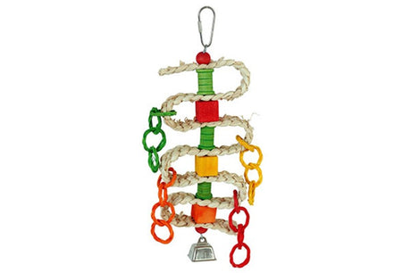 Colorful 30cm bird toy featuring braided spools and blocks, promoting play and mental stimulation for small birds.