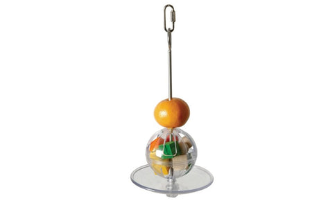 Interactive bird toy featuring a foraging ball and kabob for treating, promoting mental stimulation and exercise.