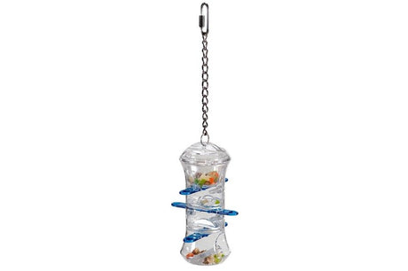 Colorful foraging toy for birds, featuring sliding barriers to reveal treats, promotes mental stimulation and natural behaviors.