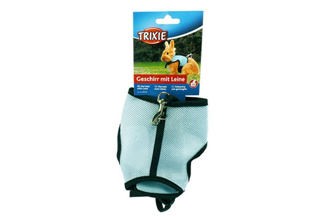 Soft padded harness for rabbits, featuring adjustable straps and elastic lead for comfortable outdoor exploration in random colors.