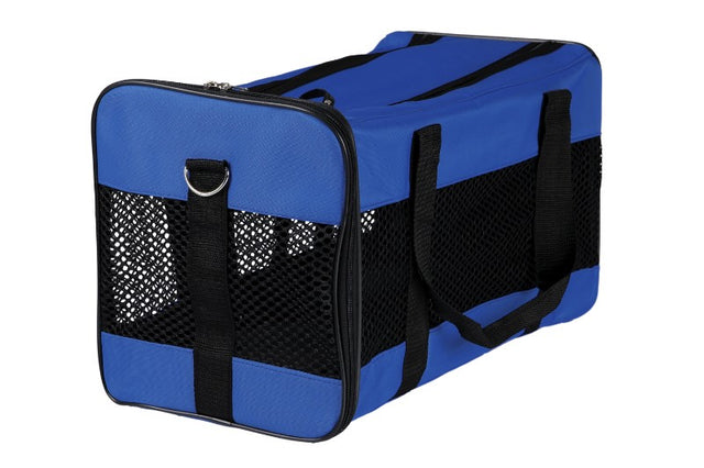 Blue neoprene pet carrier "Jamie" with top/front access, pocket, adjustable strap, leash, and breathable net inserts.