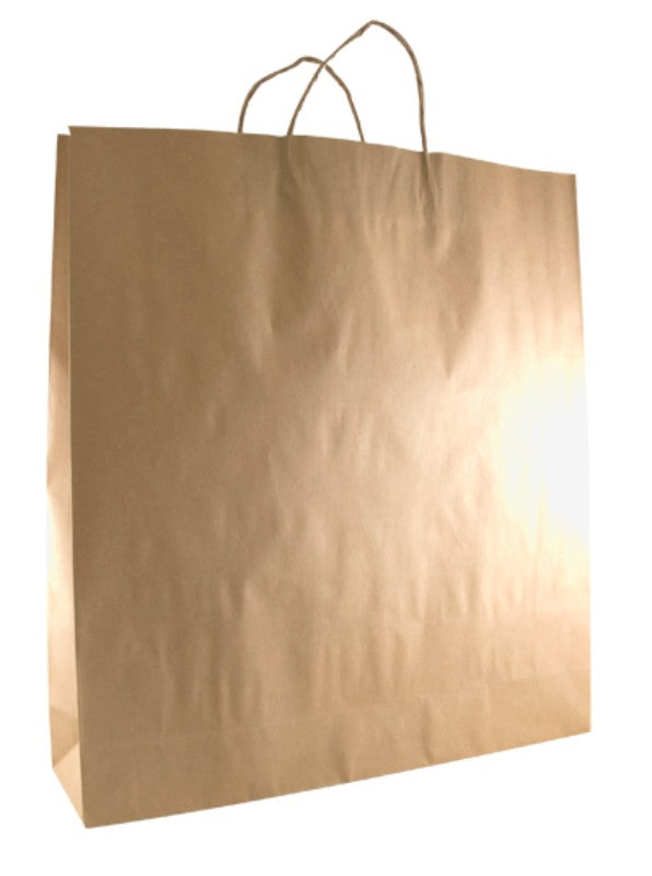 Eco-friendly brown kraft paper bags (50x45cm) with durable handles, perfect for retail and groceries, pack of 250.