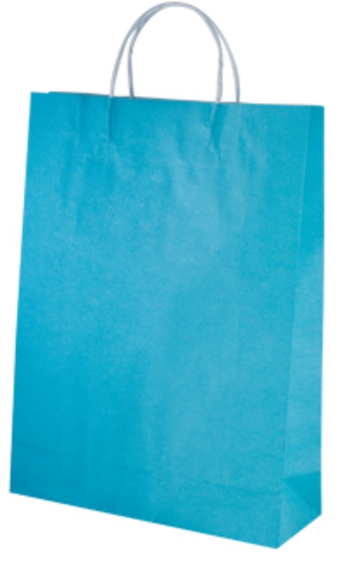 Vibrant blue paper bags with twist handles, eco-friendly, 42x31cm, ideal for retail and events, 250 bags per case.