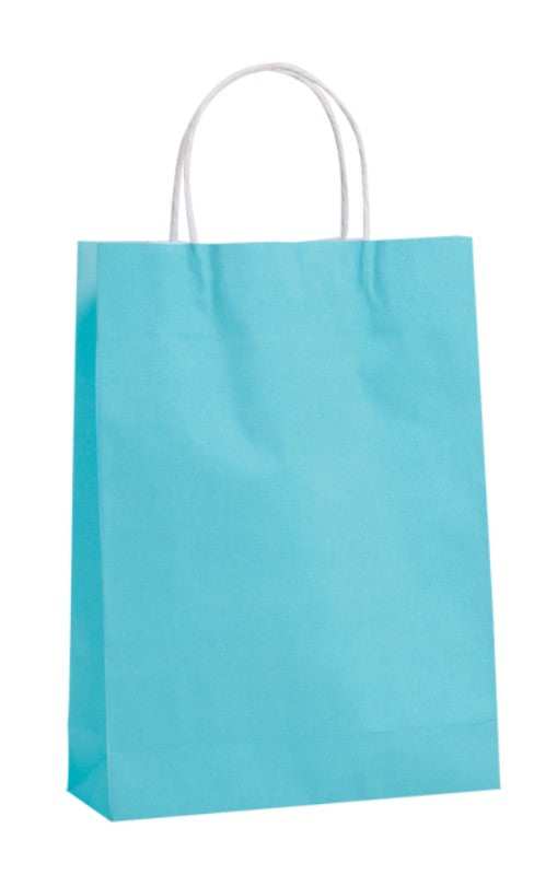 Blue small paper bags with twist handles, measuring 42x31cm with 11cm gusset, ideal for retail and gift wrapping.