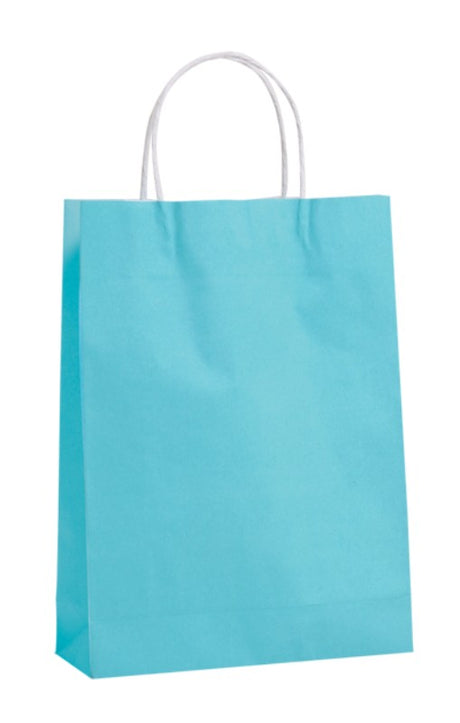 Blue small paper bags with twist handles, measuring 42x31cm with 11cm gusset, ideal for retail and gift wrapping.