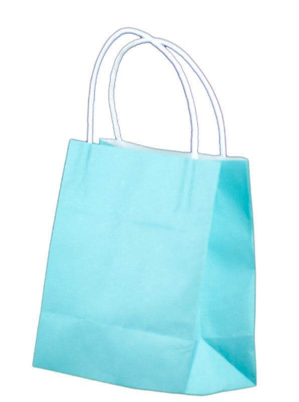 Bright blue paper bags with twist handles, 35x26cm, perfect for eco-friendly kids' parties and events, 250 bags per case.