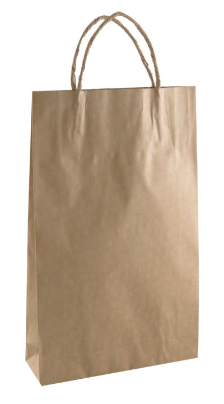 Eco-friendly brown kraft flat bottom paper bags, 26.5cm tall with a 5cm gusset, durable with twisted handles, pack of 500.