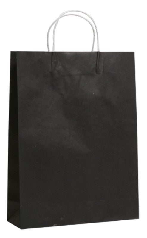 Premium black paper bags with durable twist handles, measuring 42 x 31 cm with an 11 cm gusset, sold in sets of 250.