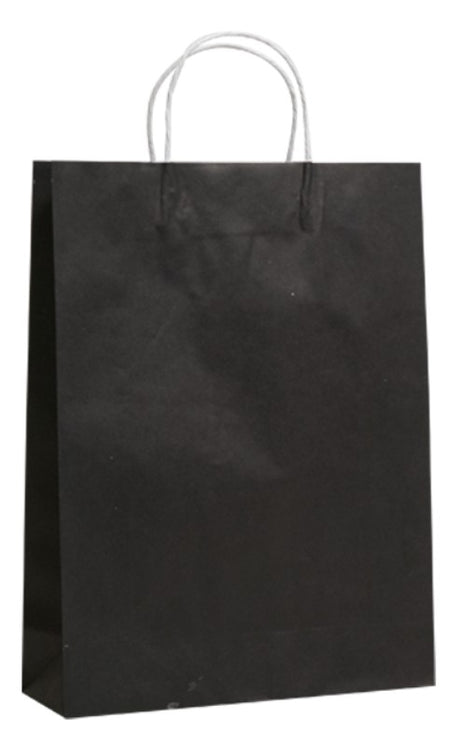 Premium black paper bags with durable twist handles, measuring 42 x 31 cm with an 11 cm gusset, sold in sets of 250.