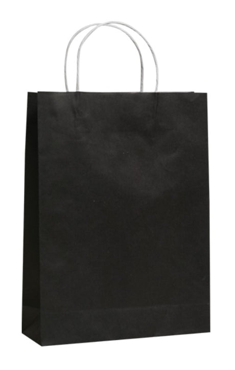 Premium black paper bags with twist handles, 350mm x 260mm, eco-friendly, perfect for retail and gifts, 250 per case.