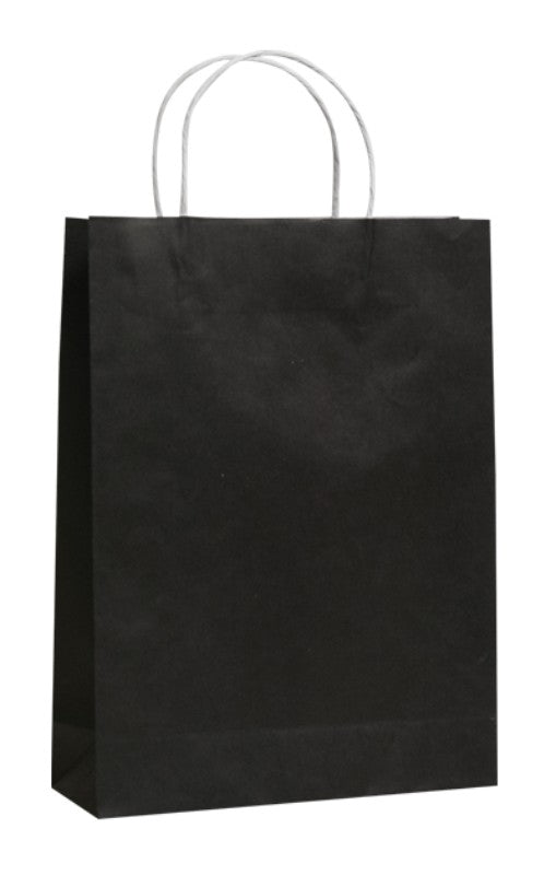 Premium black paper bags with twist handles, 350mm x 260mm, eco-friendly, perfect for retail and gifts, 250 per case.