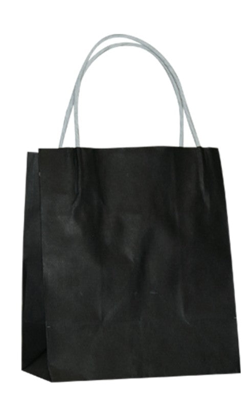 Black toddler paper bags with strong twist handles, 200mm x 170mm, 250 eco-friendly options for gifts or snacks.