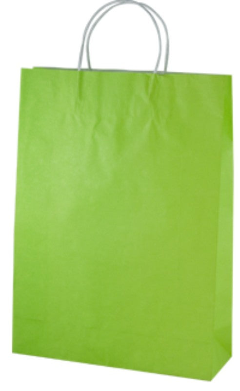 Vibrant lime paper bag midi with twist handles, 42 x 31 cm, perfect for retail, eco-friendly and sturdy, 250 bags per case.