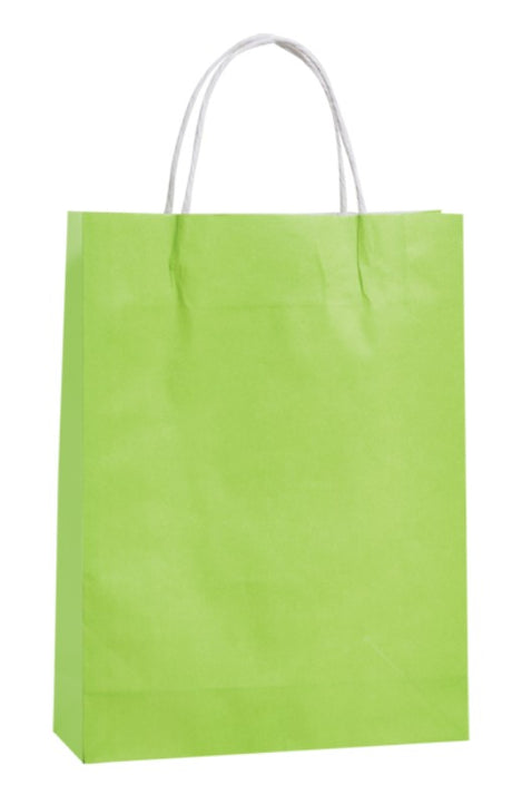 Vibrant lime small paper bags with twist handles, perfect for eco-friendly retail and events, measuring 42x31cm with 11cm gusset.