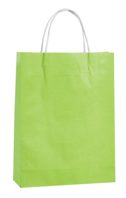 Vibrant lime small paper bags with twist handles, perfect for eco-friendly retail and events, measuring 42x31cm with 11cm gusset.
